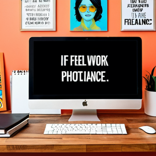 Home 23 **Prompt:** A freelancer working from a colorful, modern home office with a laptop, surrounded by digital art and motivational quotes, showcasing the flexibility and autonomy of freelancing, Upwork and Fiverr logos subtly present.