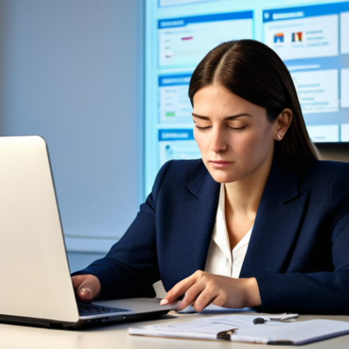 Home 20 A professional woman in her early thirties, dressed in a modest business suit, sits at a modern office desk. Her eyes are subtly drawn towards a smartphone displaying multiple notification icons, while several tabs are open on her laptop screen. The desk surface shows signs of digital clutter, with various devices contributing to a sense of constant interruption. The lighting is bright office illumination, capturing the subtle visual noise of digital overload. The image is safe for work, appropriate content, fully clothed, professional dress, perfect anatomy, correct proportions, natural body proportions, well-formed hands, proper finger count, family-friendly.