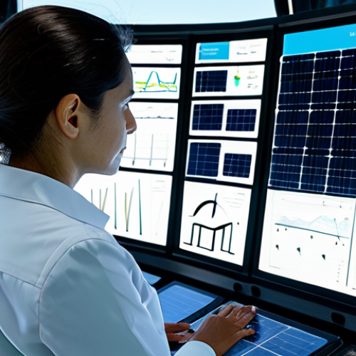 Home 9 A professional engineer in modest technical attire, standing thoughtfully in a high-tech control room overlooking a vast solar energy farm. She is observing interactive data displays showing energy production, with the sun-drenched panels visible through a large window. The atmosphere is one of innovation and sustainability, representing a clean energy future. Perfect anatomy, correct proportions, natural pose, well-formed hands, proper finger count, natural body proportions, high quality, professional photography, safe for work, appropriate content, fully clothed, professional.