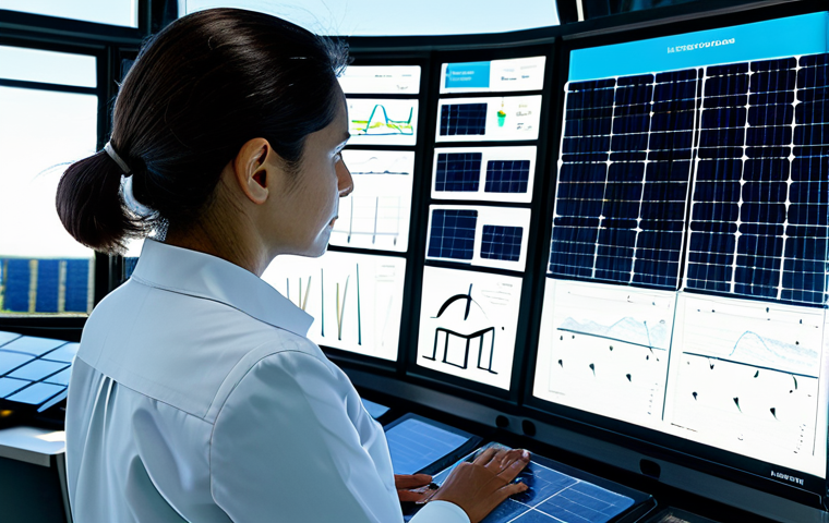 A professional engineer in modest technical attire, standing thoughtfully in a high-tech control room overlooking a vast solar energy farm. She is observing interactive data displays showing energy production, with the sun-drenched panels visible through a large window. The atmosphere is one of innovation and sustainability, representing a clean energy future. Perfect anatomy, correct proportions, natural pose, well-formed hands, proper finger count, natural body proportions, high quality, professional photography, safe for work, appropriate content, fully clothed, professional.