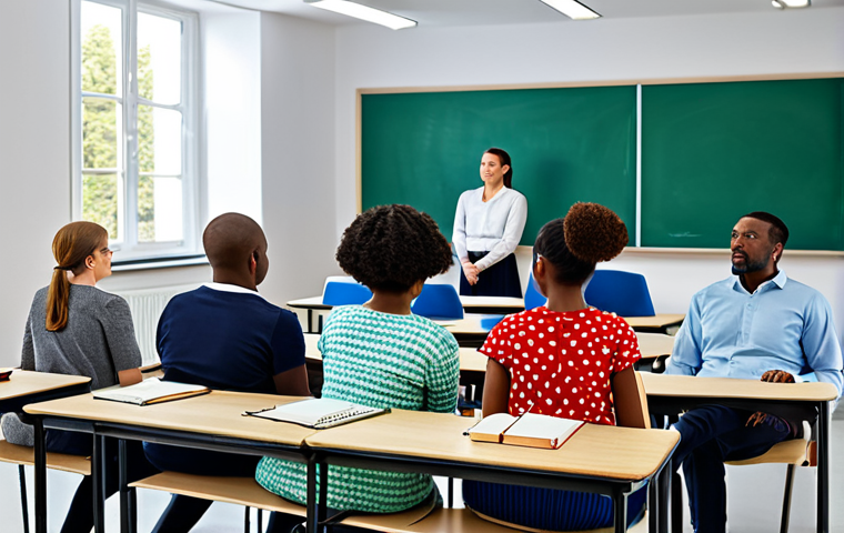 의식적 기술 사용을 위한 커뮤니티 형성 - Digital Literacy Education**
"A diverse group of adults in a brightly lit classroom setting, attent...