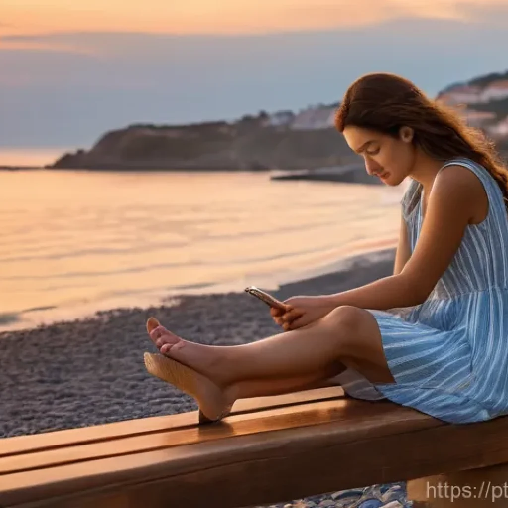 의식적 기술 사용과 협업 기술 - A serene young woman, in her late 20s, with a warm smile, is sitting on a wooden bench overlooking a...