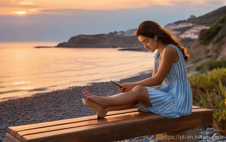 의식적 기술 사용과 협업 기술 - A serene young woman, in her late 20s, with a warm smile, is sitting on a wooden bench overlooking a...