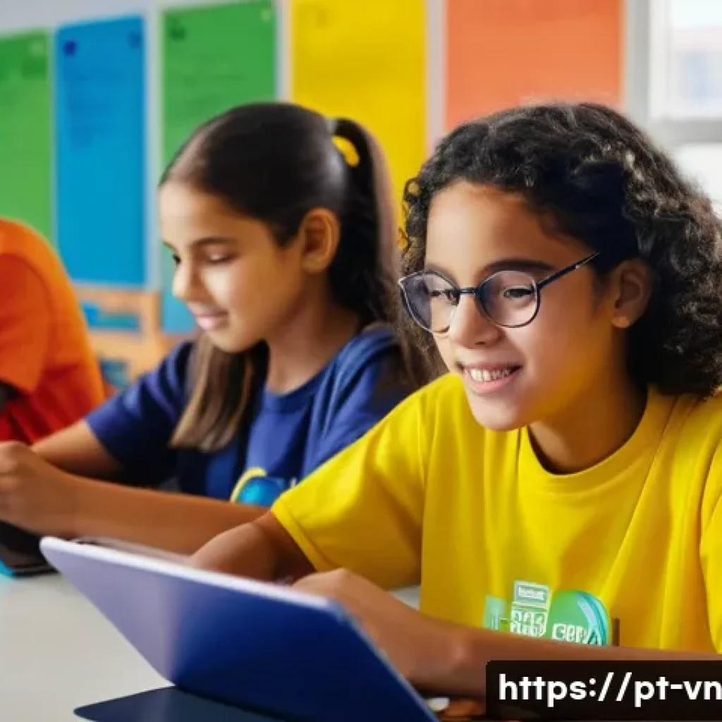 의식적 기술 사용의 사회적 영향 - A vibrant digital classroom scene set in Brazil, featuring diverse students aged 12-16 wearing casua...