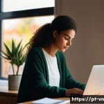 Home 22 의식적 기술 사용을 위한 습관 형성 - A cozy modern home office scene featuring a young adult Portuguese woman setting a digital routine o...