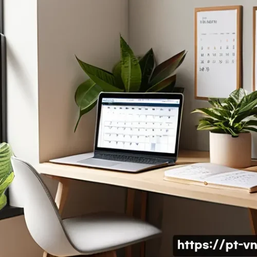 Home 33 의식적 기술 사용을 위한 전문가의 조언 - A cozy, modern home office corner bathed in soft natural light, featuring a minimalist desk with a l...