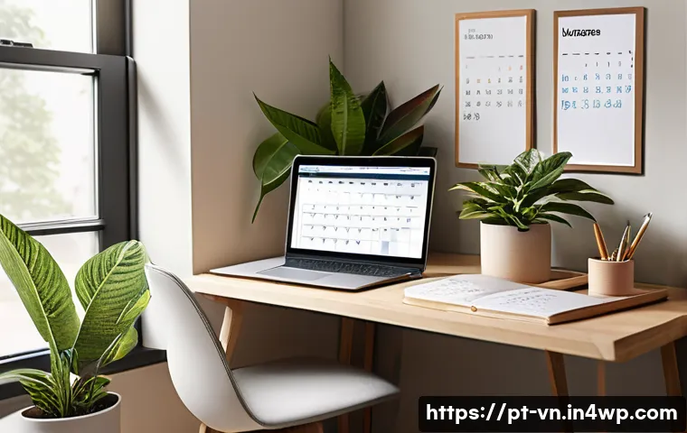 의식적 기술 사용을 위한 전문가의 조언 - A cozy, modern home office corner bathed in soft natural light, featuring a minimalist desk with a l...