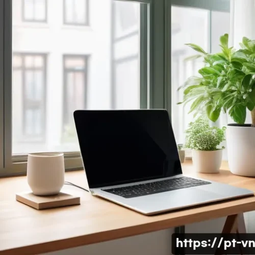 Home 32 의식적 기술 사용과 에너지 관리 - A bright, cozy home office scene bathed in natural sunlight streaming through a large window, illumi...