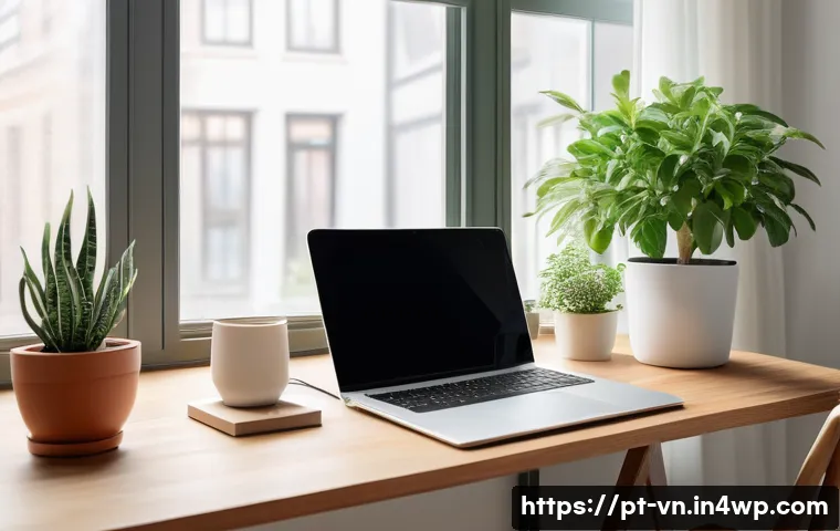 의식적 기술 사용과 에너지 관리 - A bright, cozy home office scene bathed in natural sunlight streaming through a large window, illumi...