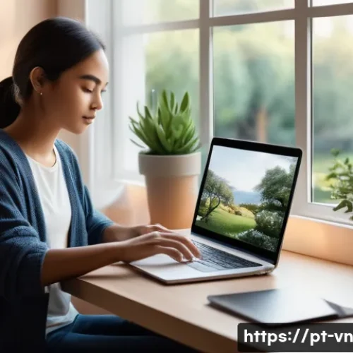 Home 31 의식적 기술 사용을 위한 미니멀리즘 적용법 - A serene home office scene with a young adult sitting at a clean, minimalist desk, surrounded by nea...