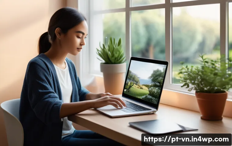 의식적 기술 사용을 위한 미니멀리즘 적용법 - A serene home office scene with a young adult sitting at a clean, minimalist desk, surrounded by nea...