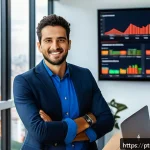 Home 18 의식적 기술 사용과 비즈니스 전략 - A modern Brazilian small business owner in a stylish office setting, working on a sleek laptop with ...