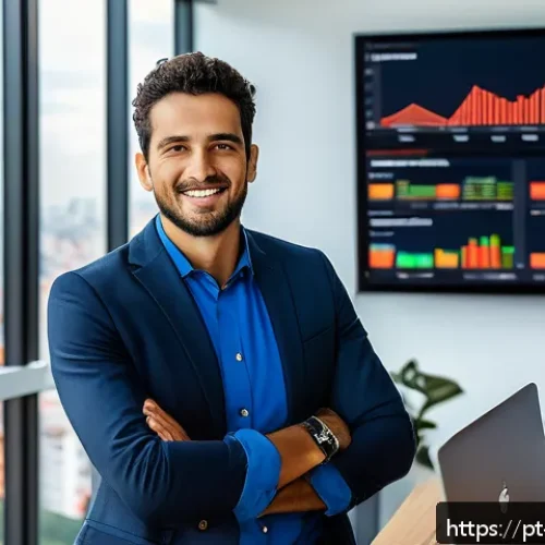 Home 30 의식적 기술 사용과 비즈니스 전략 - A modern Brazilian small business owner in a stylish office setting, working on a sleek laptop with ...