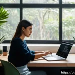 Home 23 의식적 기술 사용을 위한 실질적 팁 - A cozy modern home office scene in São Paulo, Brazil, showing a young professional woman organizing ...