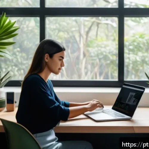 Home 17 의식적 기술 사용을 위한 실질적 팁 - A cozy modern home office scene in São Paulo, Brazil, showing a young professional woman organizing ...